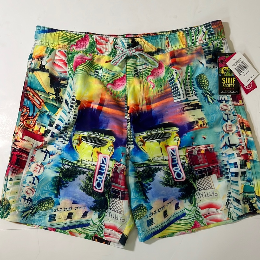 SURF SOCIETY Miami Cadillac Hotel Swim Trunks. Size Large-NWT